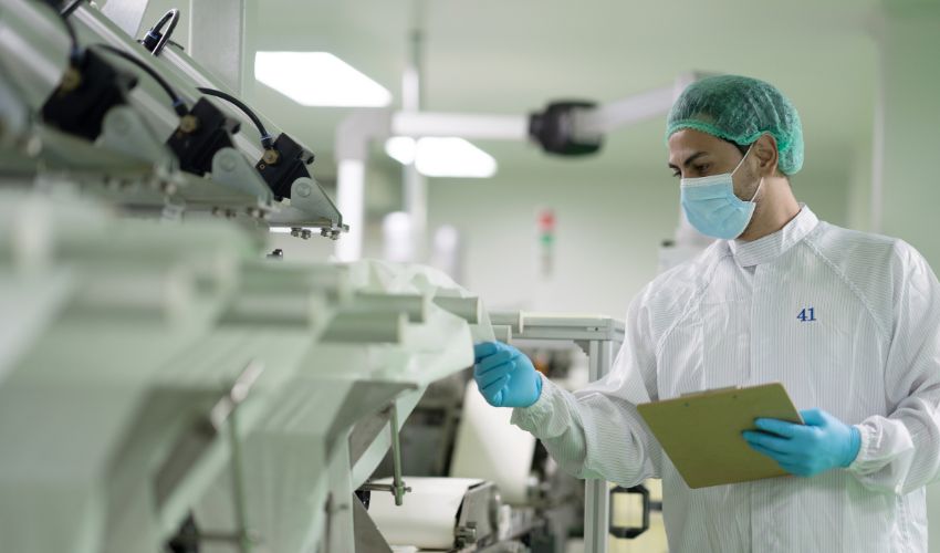 Pharmaceutical worker in sterile gear inspecting production line machinery