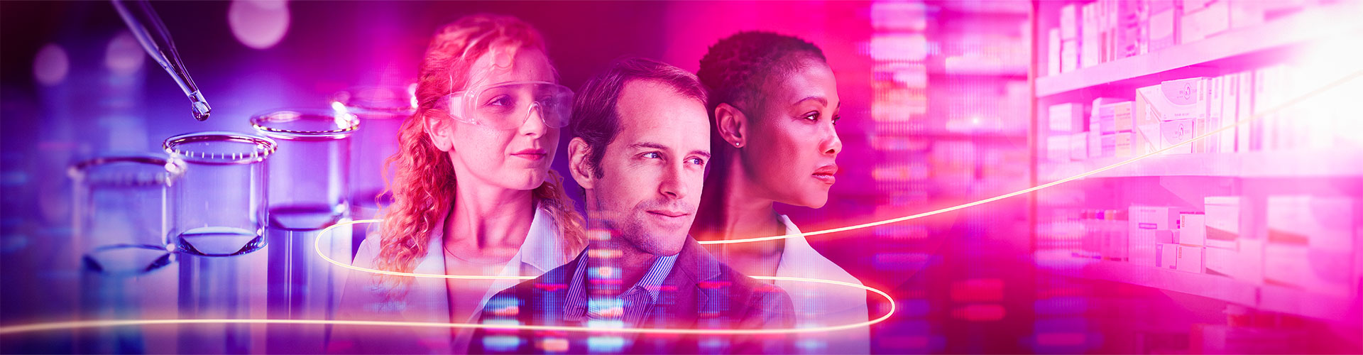 Laboratory scene with test tubes, pipette, and three people.