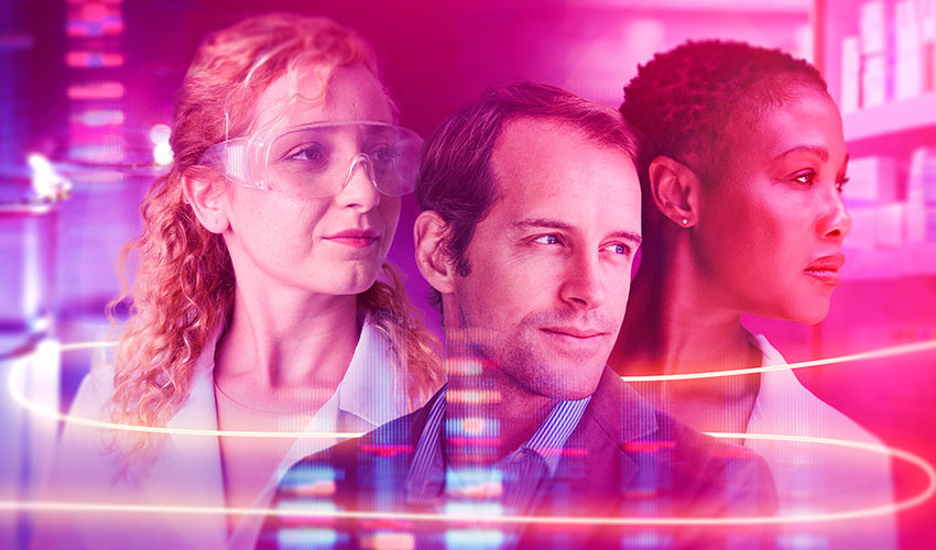Laboratory scene with test tubes, pipette, and three people.