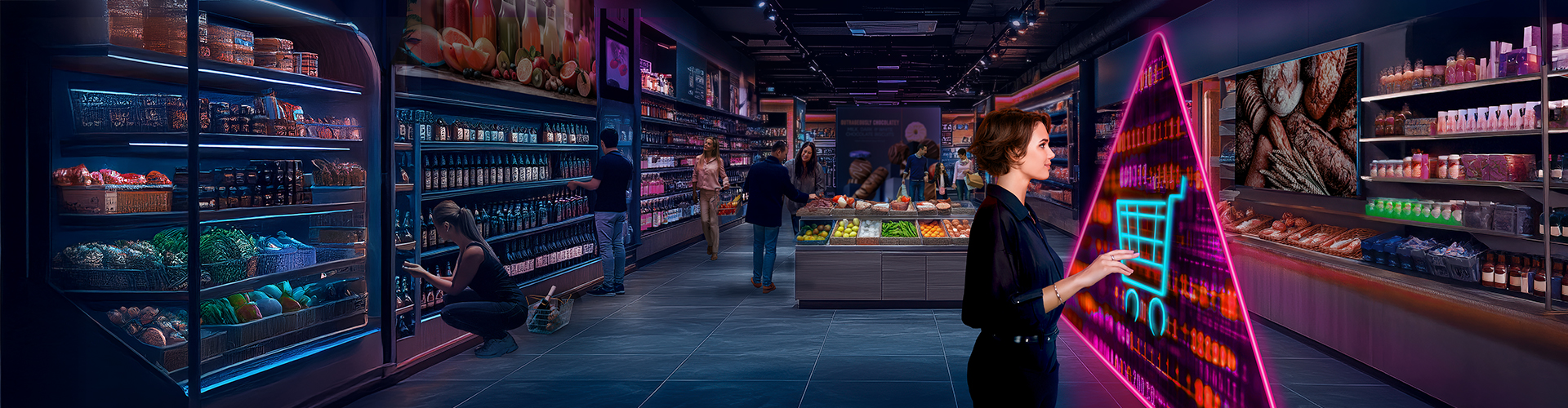 Grocery store with shoppers and a digital shopping cart interface in the foreground