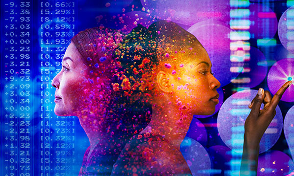 Two women looking at numbers and chemical elements