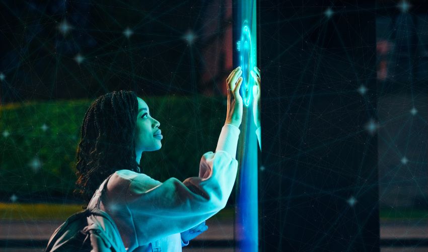 Woman using a large screen 