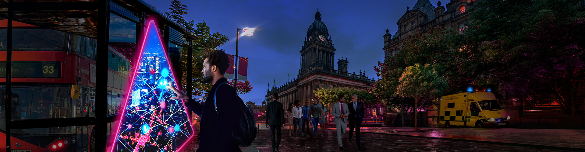 Man standing in public square looking into portal in front of bus stop