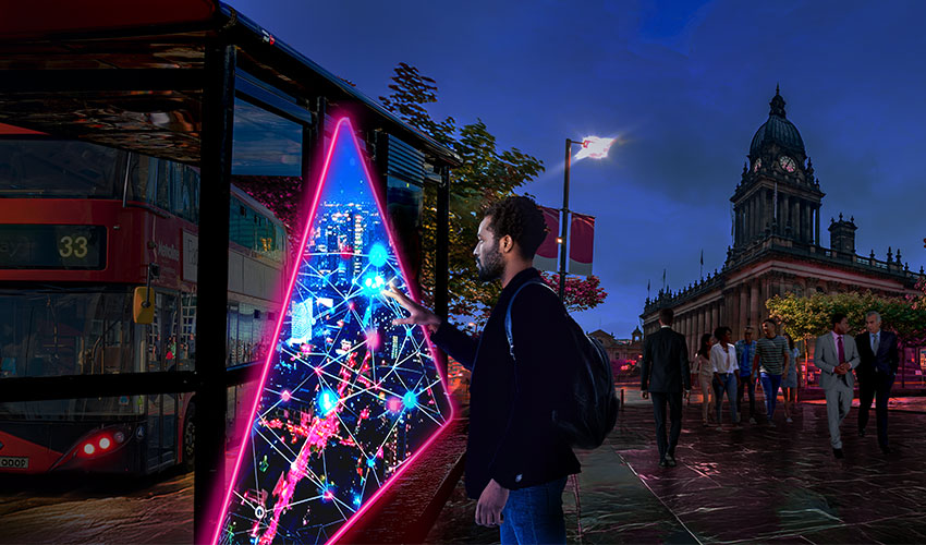 Man using a triangle portal in a city centre road