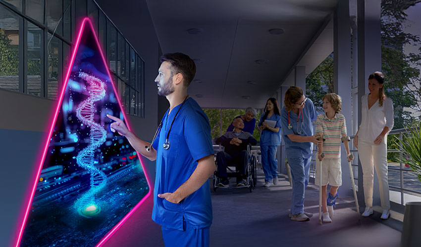 Doctor looking at a triangle in a healthcare facility