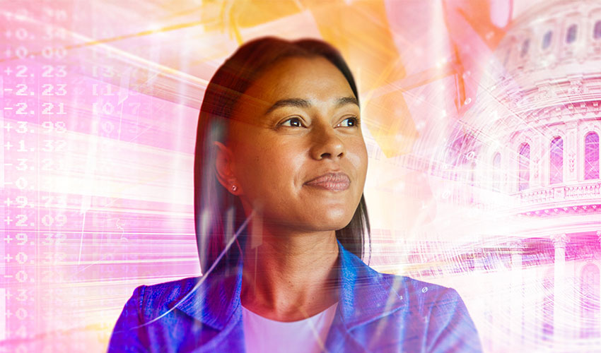 Business woman looking ahead in front of the US Capitol
