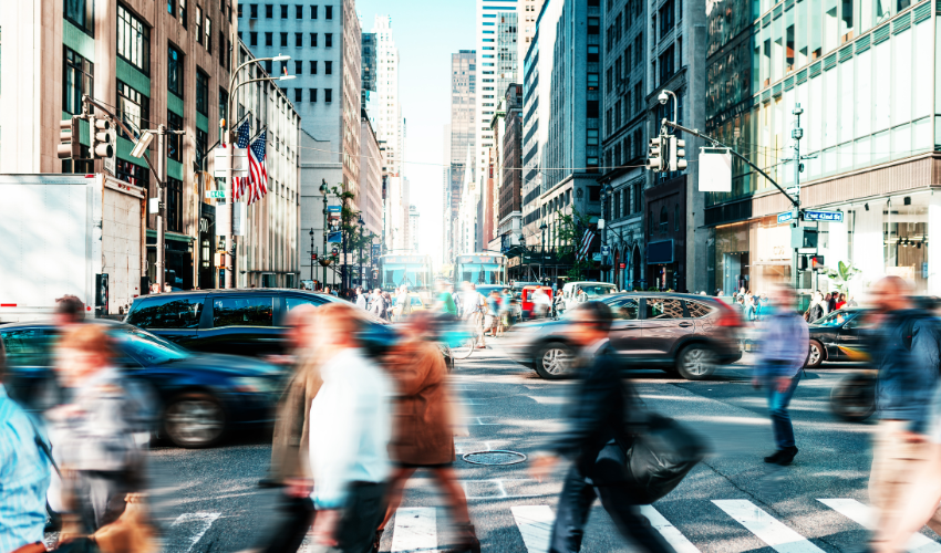 Crowded street with people in New York in springtime