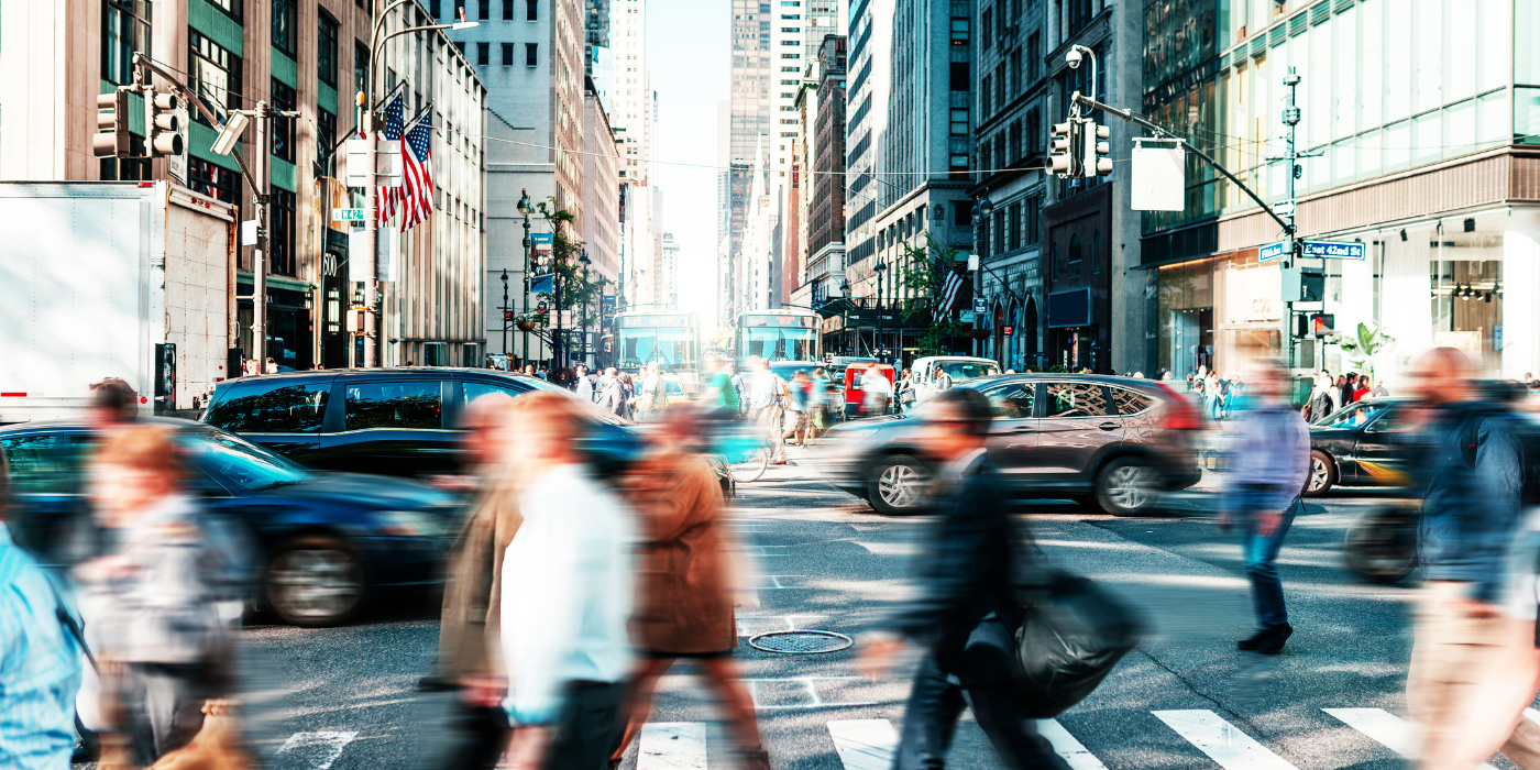 Crowded street with people in New York in springtime
