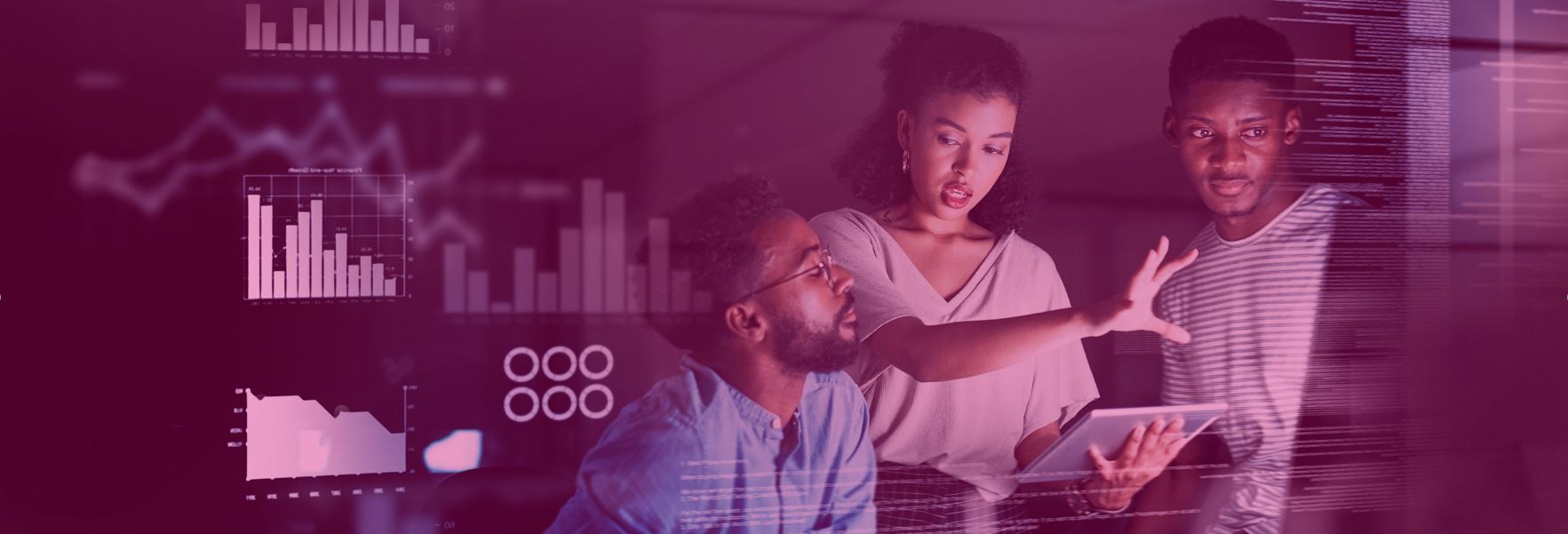 Three people in conversation with digital graphs overlay