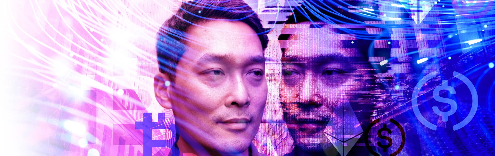 A man's face and its reflection with cryptocurrency icons overlay