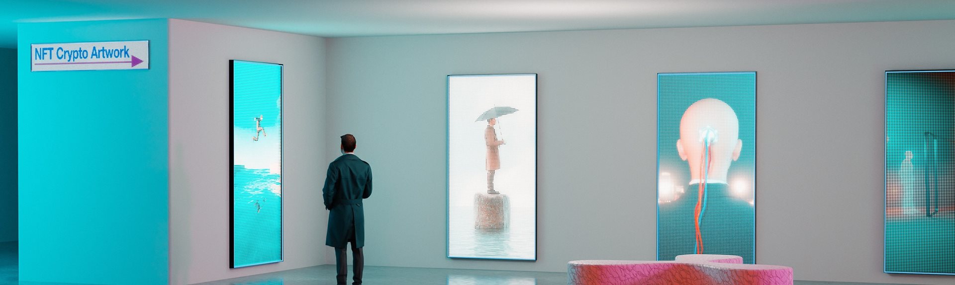 A man looking at images in a NFT Crypto art gallery