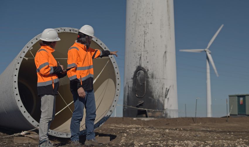 Two people fixing a wind turbine 