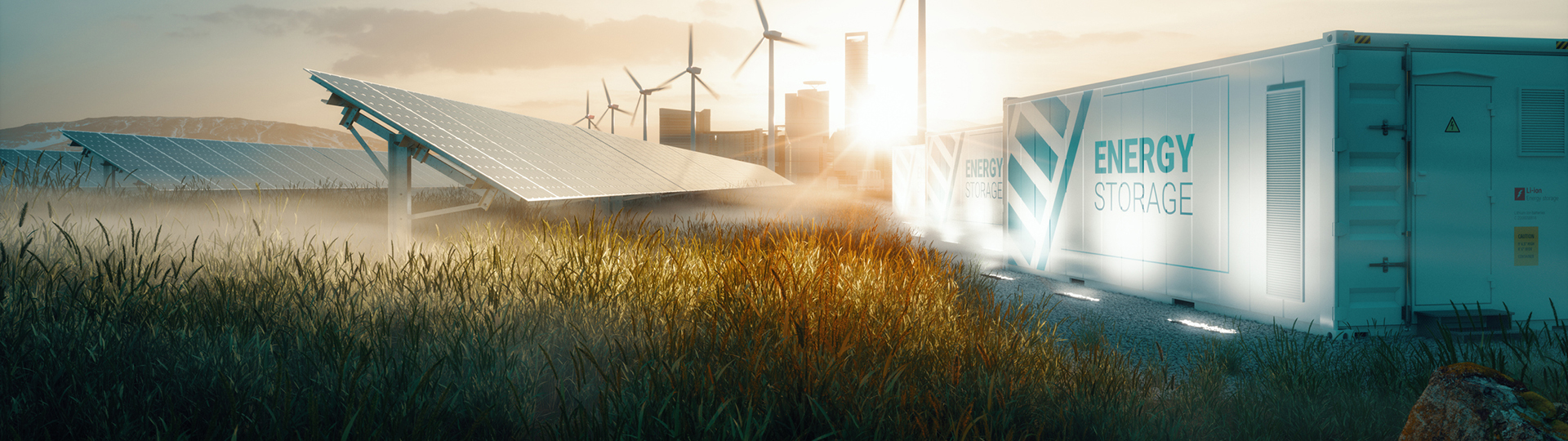 Wind turbines, solar panels and energy storage units in the countryside