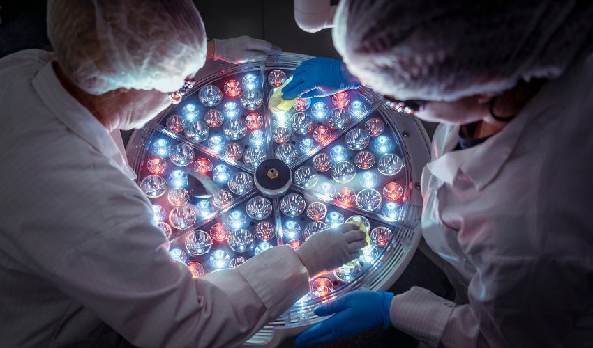 Scientists in protective gear working on a large, circular light-emitting technological device