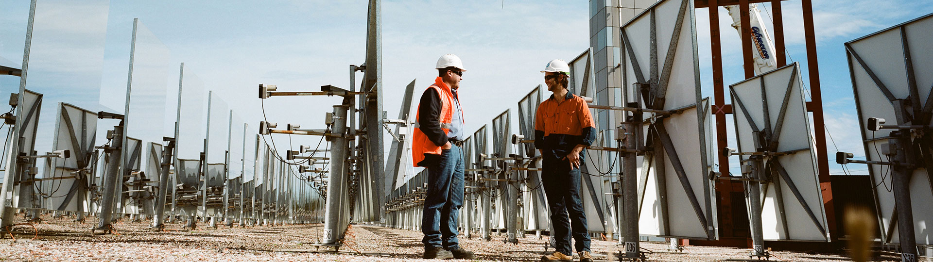 Two men in hard hats chatting in a solar panel farm