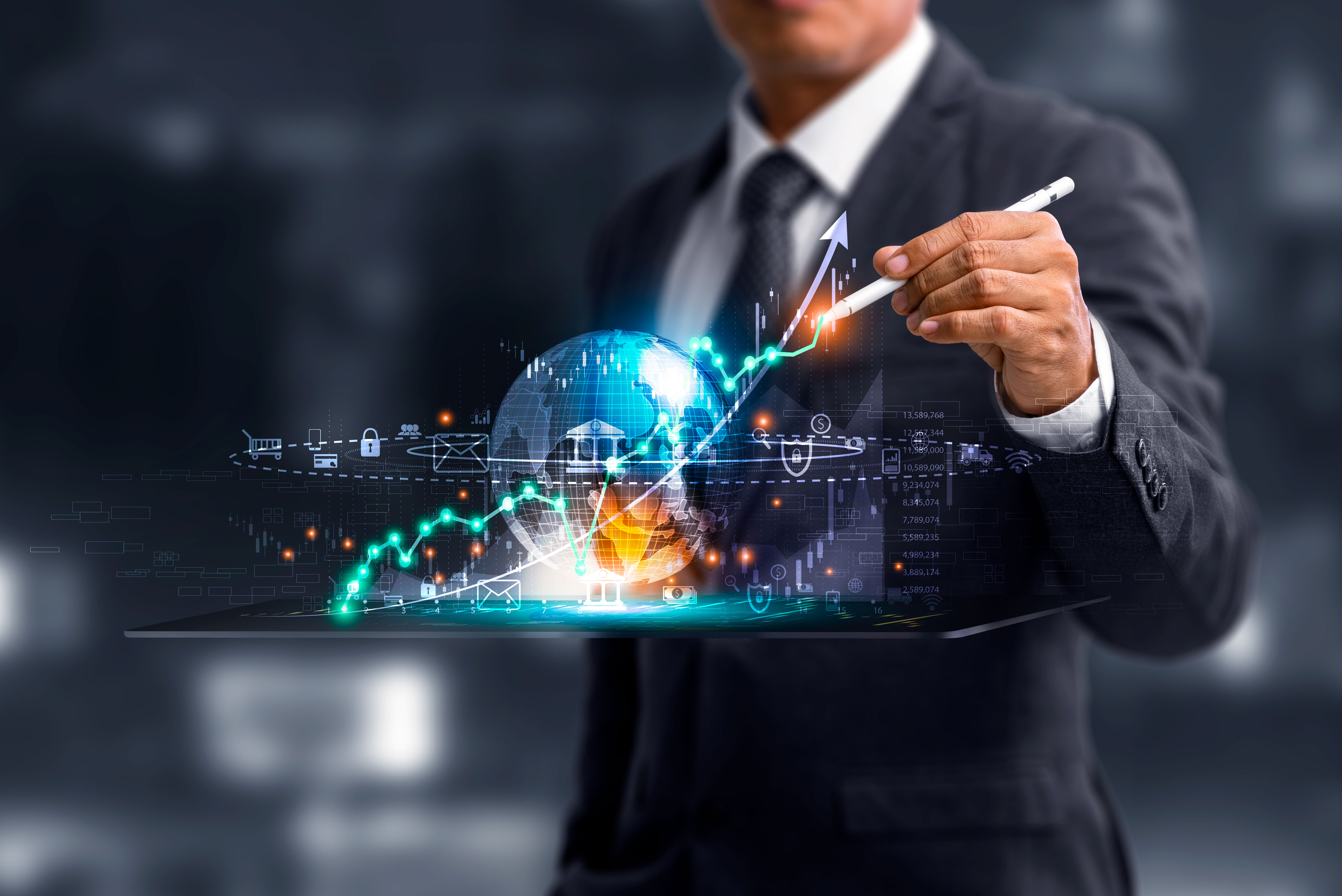 Globe surrounded by financial symbols