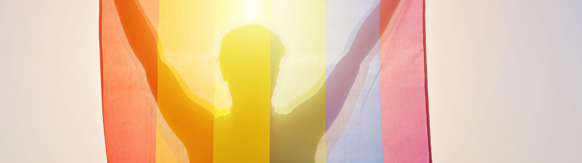  A silhouetted person holding up a rainbow flag in front of them