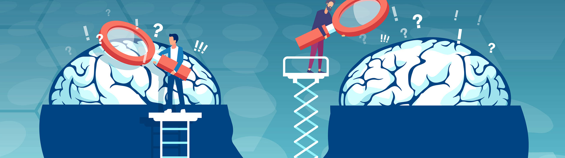 A cartoon of two men looking at different brains through a giant magnifying glass