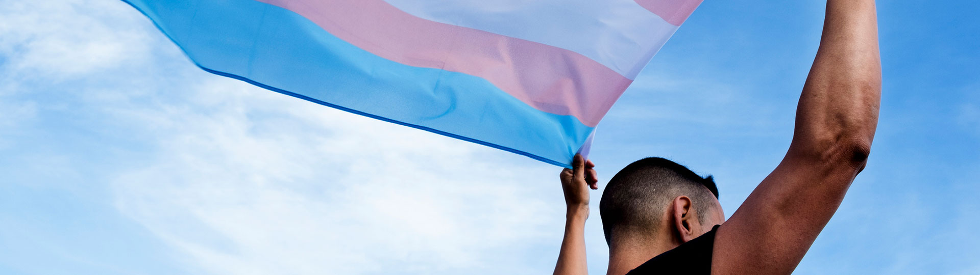 A person holding up the Transgender flag above their head