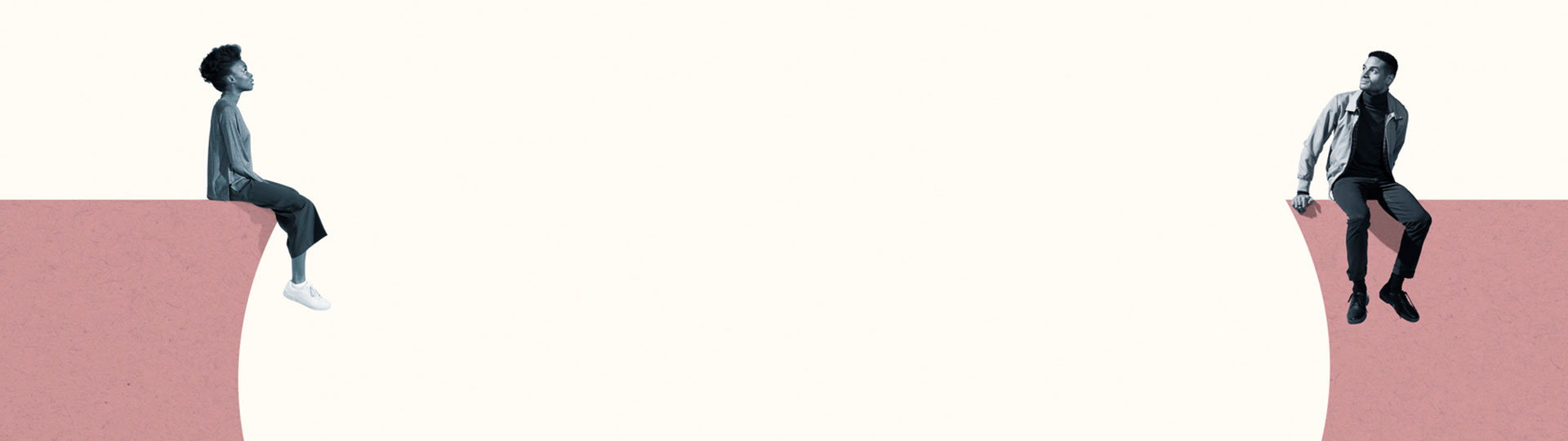 Two people sitting on opposite sides of a giant speech bubble