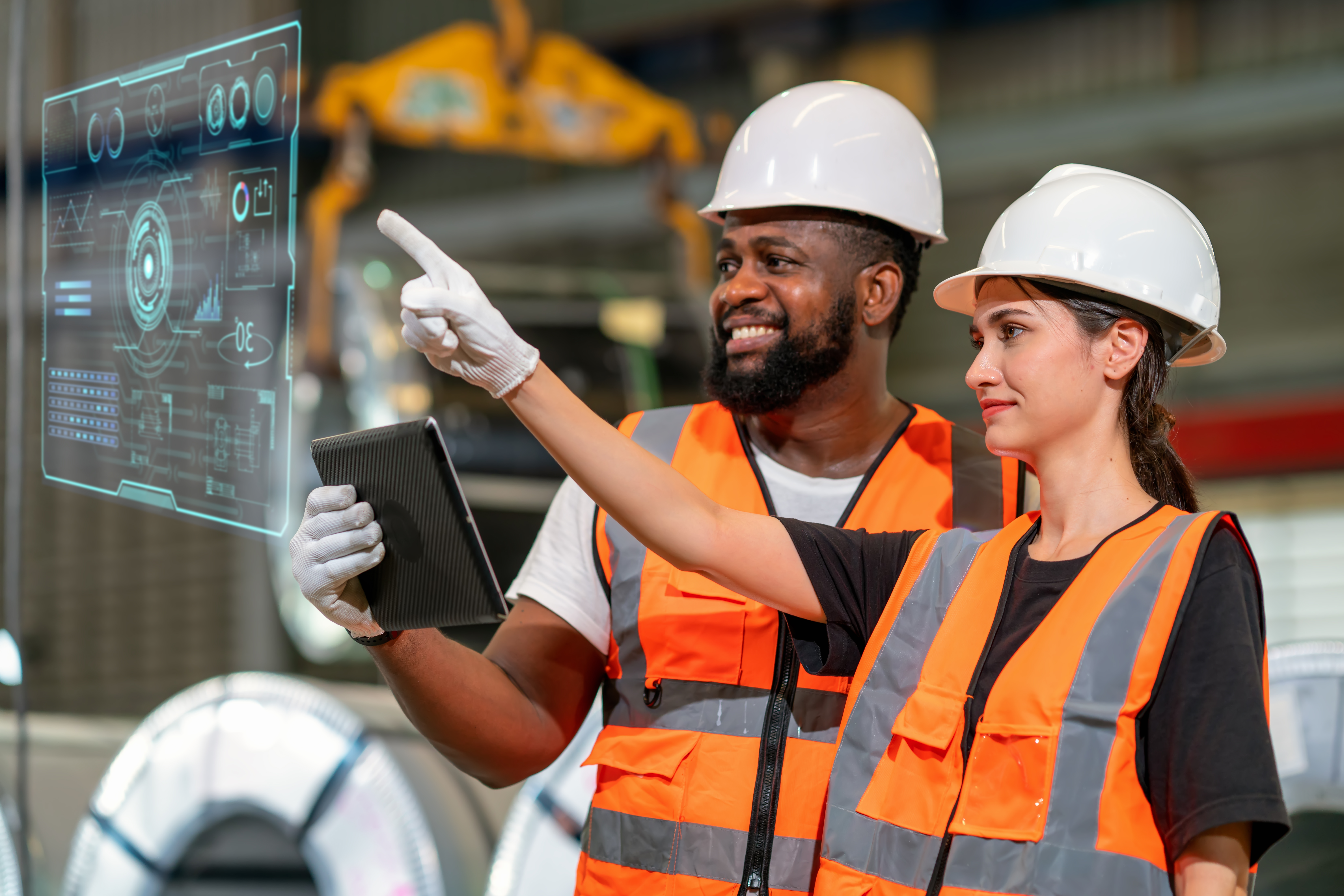 Two engineers in hard hats and safety vests using a digital interface in a factory