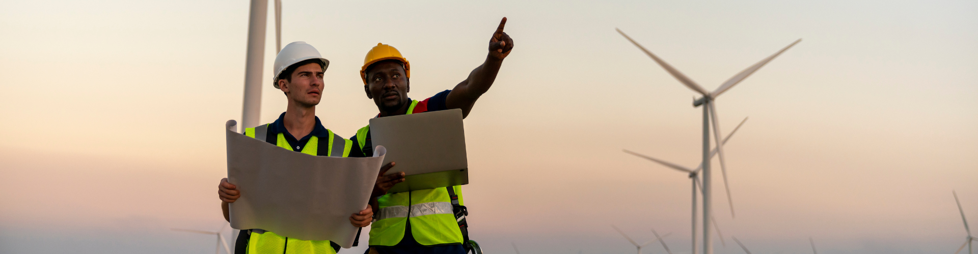 Two workers inspecting a wind farm